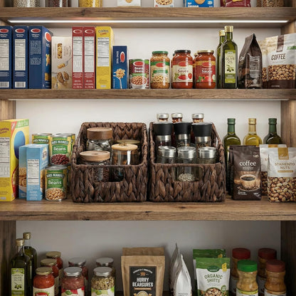 StorageWorks Water Hyacinth Pantry Storage Baskets, Wicker Baskets with Built-in Handles, Handwoven Shelf Baskets for Organizing, Pantry Organizers and Storage, 3 Pack