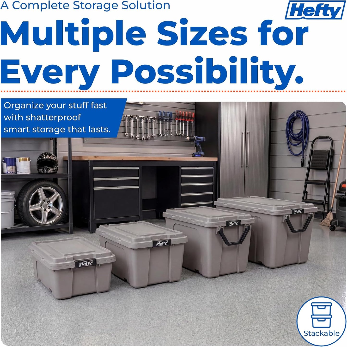 Hefty MAX Pro 12 Gallon Storage Bins with Latching Lids, Heavy Duty Stackable Plastic Storage Containers for Garage, Basement & Outdoor Use, Utility Storage Tote, 6 Pack, Gray