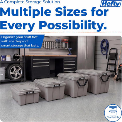Hefty MAX Pro 12 Gallon Storage Bins with Latching Lids, Heavy Duty Stackable Plastic Storage Containers for Garage, Basement & Outdoor Use, Utility Storage Tote, 6 Pack, Gray