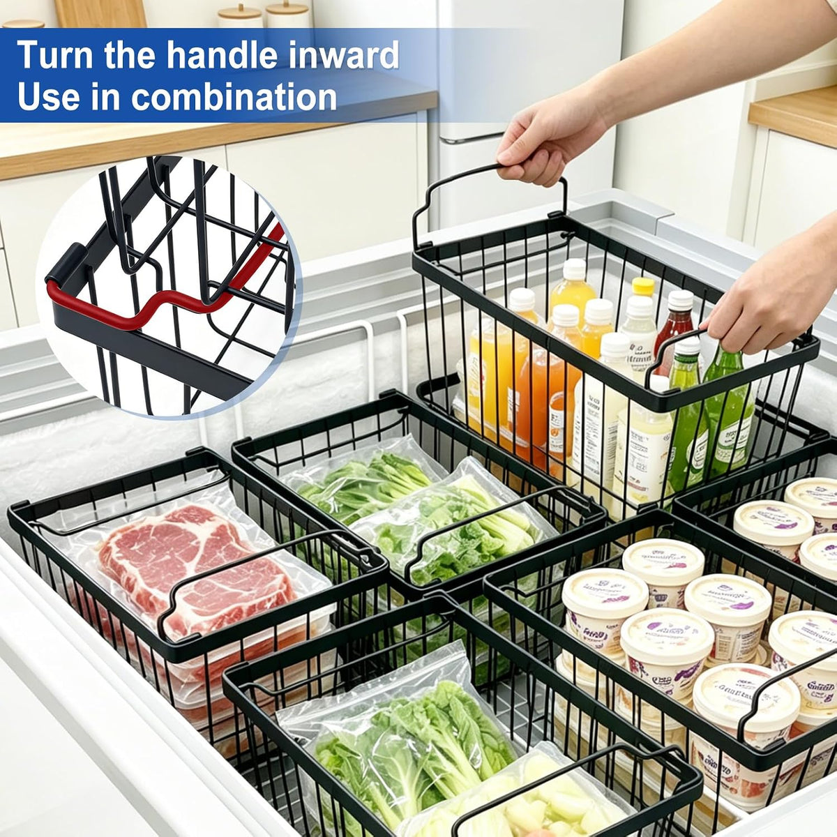 3Pack Freezer Organizer Bins, Stackable Chest Deep Freezer Storage Containers, Expandable Freezer Baskets with Handle fit 5cu.Ft 7cu.Ft Freezer, Fridge, Pantry (Black-3Pack)