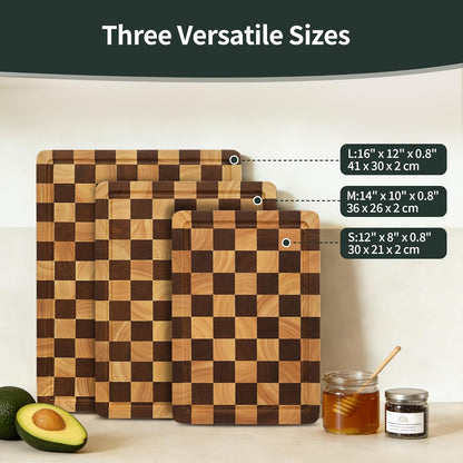 WILLKOMMEN Checkered Cutting Board Set, 3-Piece Wood Checkerboard End Grain Chopping Boards with Holder & Juice Groove Wooden Kitchen Cutting Board for Cooking and Serving (S, M, L)