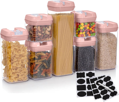 Set of 7 Airtight Food Storage Containers - Pantry Organizer Bins, BPA Free Plastic Containers plus Dry Erase Marker and Labels, White