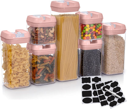 Set of 7 Airtight Food Storage Containers - Pantry Organizer Bins, BPA Free Plastic Containers plus Dry Erase Marker and Labels, White