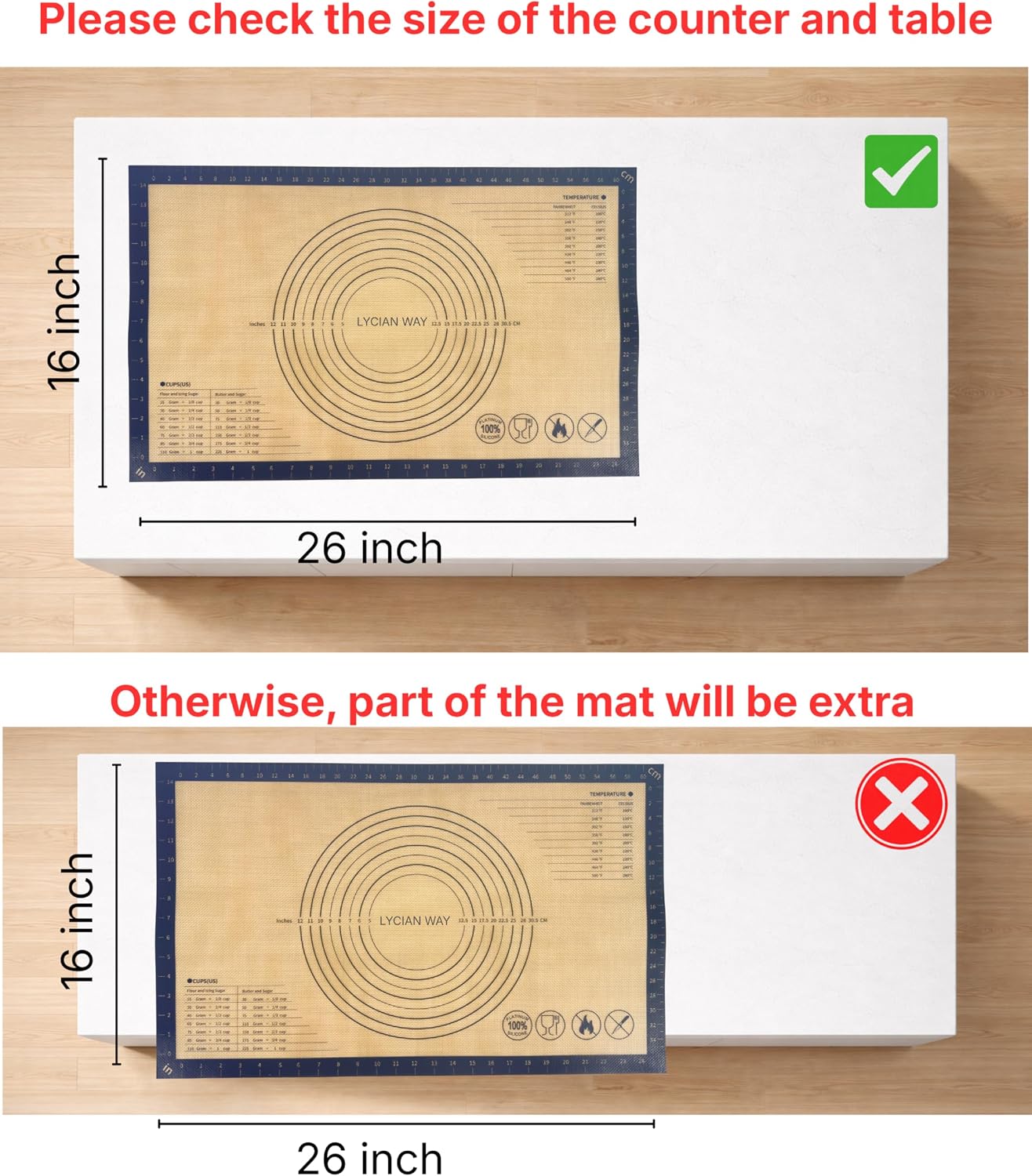 Silicone Pastry Mat with Measurements, 28 x 20 Inch Extra Thick Non-Slip Nonstick XL Baking Mat for Dough Rolling, Kneading, Fondant and Pie, Red