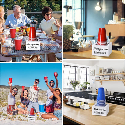 Wooden Cup Holder with Marker Slot, Disposable Plastic Party Cup Organizer for Holiday Gatherings - Hosting Essential to Mark Your Cup & Drink Up, Prevent Mix-Ups, Reduce Waste