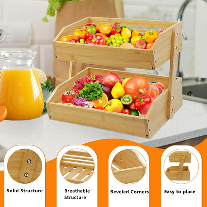 mobzio Fruit Basket Stand, 2 Tier Fruit Basket for Kitchen Counter, Produce Basket for Fruit and Vegetable Storage, Bamboo Basket Fruit Bowl Display Rack, Fruit Holder Snack Organizer