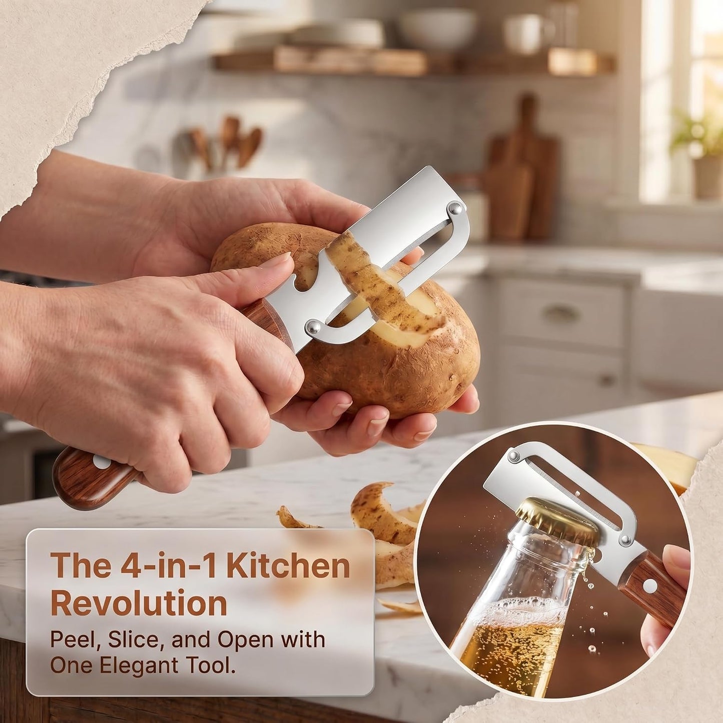 3-in-1 Stainless Steel Vegetable Peeler & Julienne Cutter with Bottle Opener - Multifunctional Kitchen Gadget for Fruits, Veggies, Camping & Daily Home Cooking(2-Pack) wooden