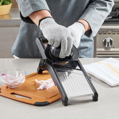 Restaurantware Stainless Steel Adjustable Mandoline Slicer - German Standard Vegetable Slicer with Blade Guard, Includes Cut-Resistant Gloves - Food Slicer for Potato, Onions, Cucumbers, Tomato