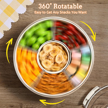 Snackle Box Container, 360° Rotating Divided Serving Tray with Lid and Handle, Portable Snackle Box Veggie Tray, Round Snack Box Container, Large Snacklebox Fruit Candy Organizer for Party Picnic