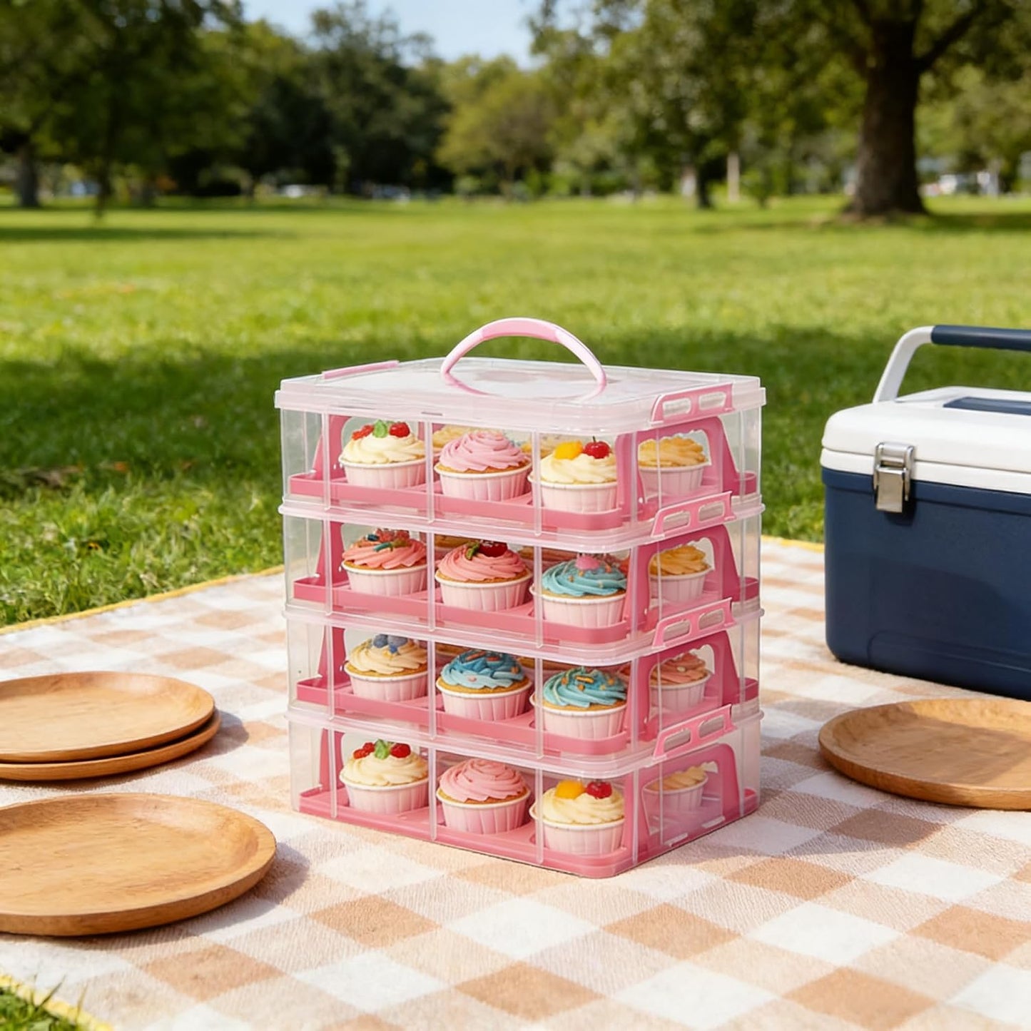 Cupcake Carrier Stackable Storage Container Collapsible Cake Carrier with Lid and Handle, with 50 PCS Cupcake liners,Reusable Plastic Dessert Travel Container,Transport Box (48 Cupcakes White)