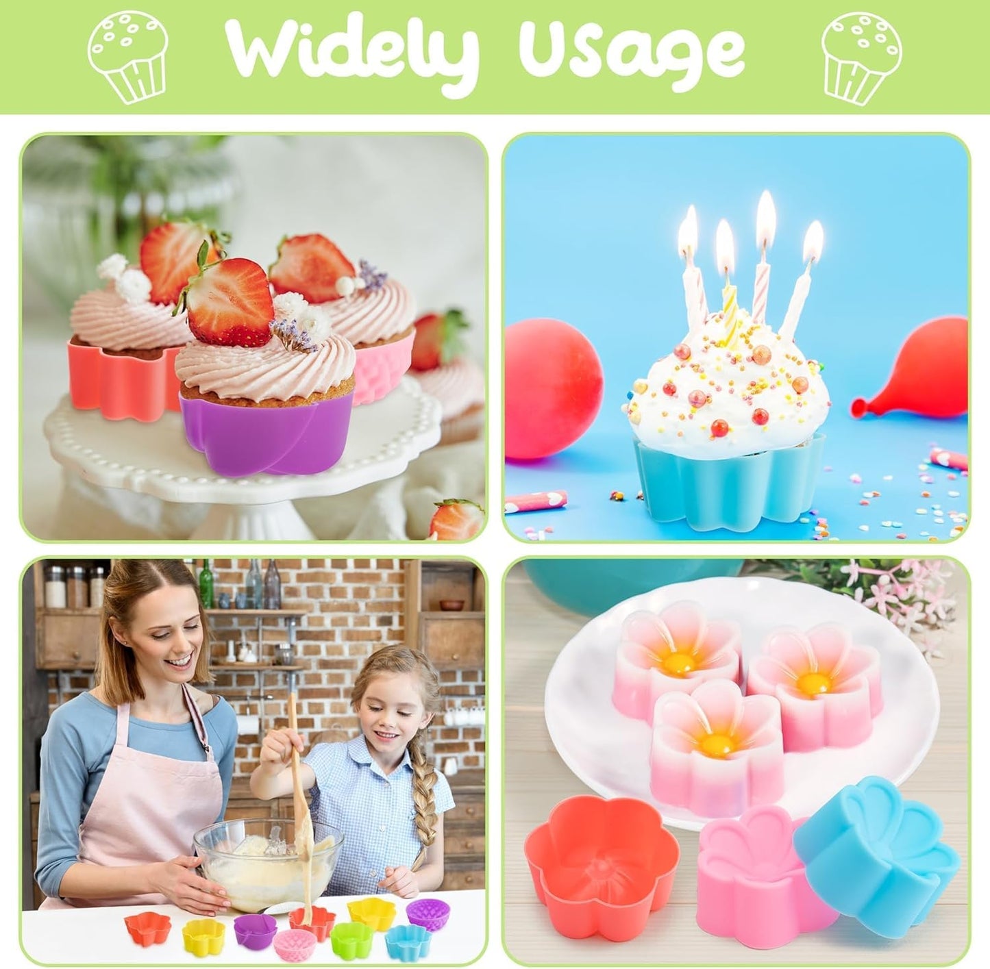 R HORSE 42Pcs Silicone Molds Cupcake 2 Inch Mini Size Reusable Muffins Liners Washable Non-Stick Donut Wrapper Mold Flower Shapes Baking Cups for Pan Oven Microwave Dishwasher