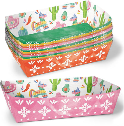 Big Dot of Happiness Fiesta Paper Food Trays, Disposable Food Boats for Mexican Themed Birthday or Cinco De Mayo, Double-Sided Paper Meal Holders for Nachos, Tacos, Snacks - 12 Ct