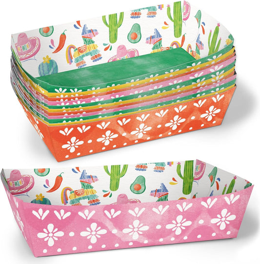 Big Dot of Happiness Fiesta Paper Food Trays, Disposable Food Boats for Mexican Themed Birthday or Cinco De Mayo, Double-Sided Paper Meal Holders for Nachos, Tacos, Snacks - 12 Ct