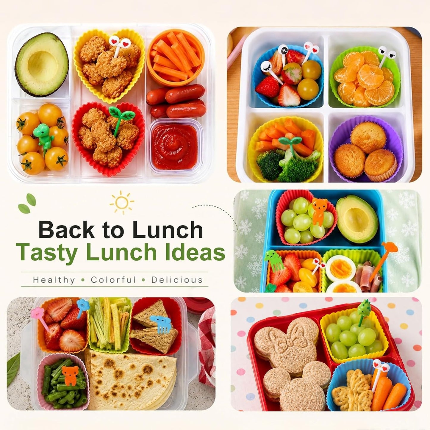 XANGNIER 40 Pcs Silicone Lunch Box Dividers,Reusable Lunch Bento Box Accessories for Kids,Lunchbox Supplies Accessories,Back to School Lunch Essentials,Silicone Cupcake Liners,Muffin Cups