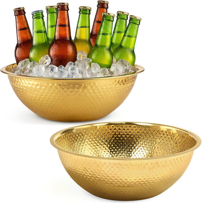2 Pcs Large Gold Hammered Stainless Steel Beverage Tub 15.35x5.12 Inch, 16.4 Qt Leak-proof Ice Bucket for Parties, Champagne Wine Chiller Bowl, Luxury Drink Cooler for Wedding, Mimosa Bar