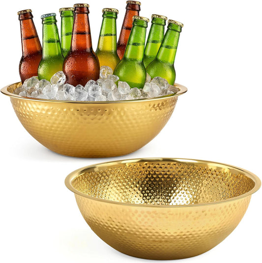 2 Pcs Large Gold Hammered Stainless Steel Beverage Tub 15.35x5.12 Inch, 16.4 Qt Leak-proof Ice Bucket for Parties, Champagne Wine Chiller Bowl, Luxury Drink Cooler for Wedding, Mimosa Bar