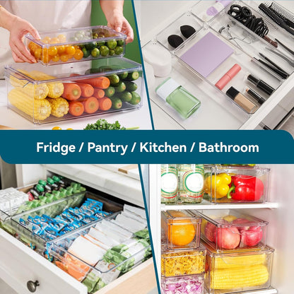 Luckore 4 Piece Refrigerator Organizer Bins, Clear Fridge Organizers and Storage, Stackable with Lids, Food Storage Containers for Fruit, Vegetable, Drinks, Cereals