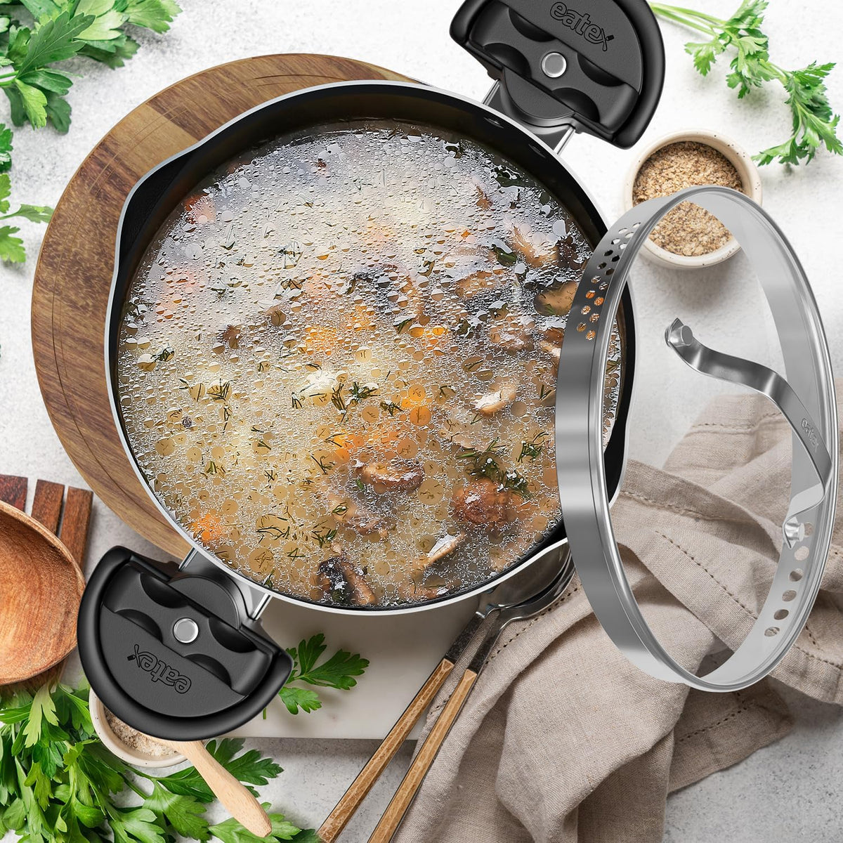 Eatex Pasta Pot with Strainer Lid - 5 Quart Multipurpose Stock Simmer Spaghetti with Strainer - Twist & Lock Handles, Nonstick Ceramic Stainless Steel Tempered Glass Black