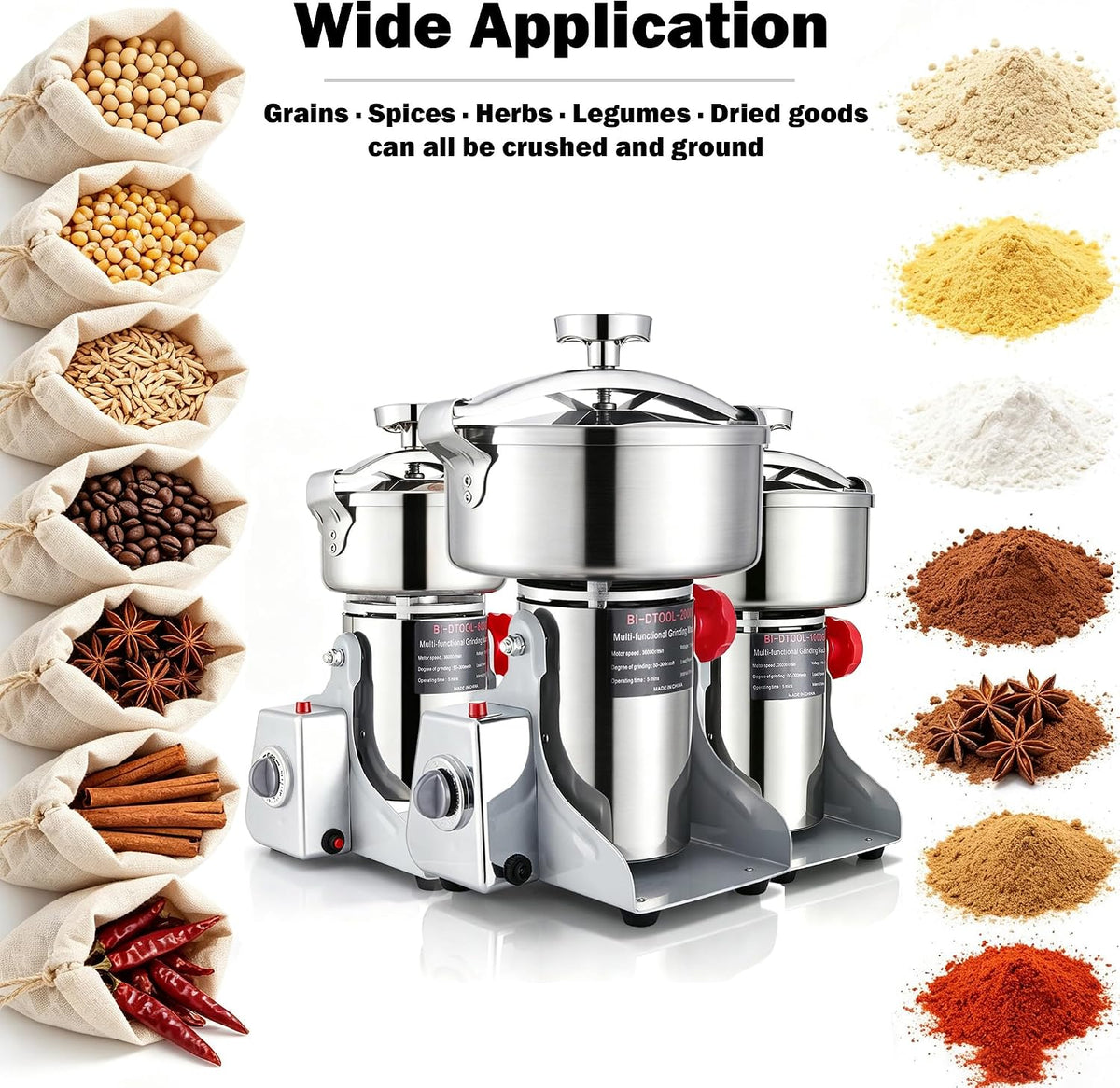 BI-DTOOL Electric Grain Mill Grinder 2000W Dry Material Grinding Machine 800g Stainless Steel Pulverizer 36000r/min High-speed Grain Mill 270° swingable Superfine powder for Home and Commercial 800g