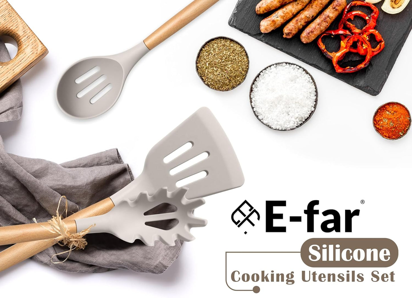 E-far Silicone Cooking Utensils Set, 5-Piece Kitchen Utensils Set with Wooden Handle for Cooking, Silicone Kitchen Nonstick Tools Spatula Turner Slotted Spoons, Nontoxic & Heat Resistant-Khaki