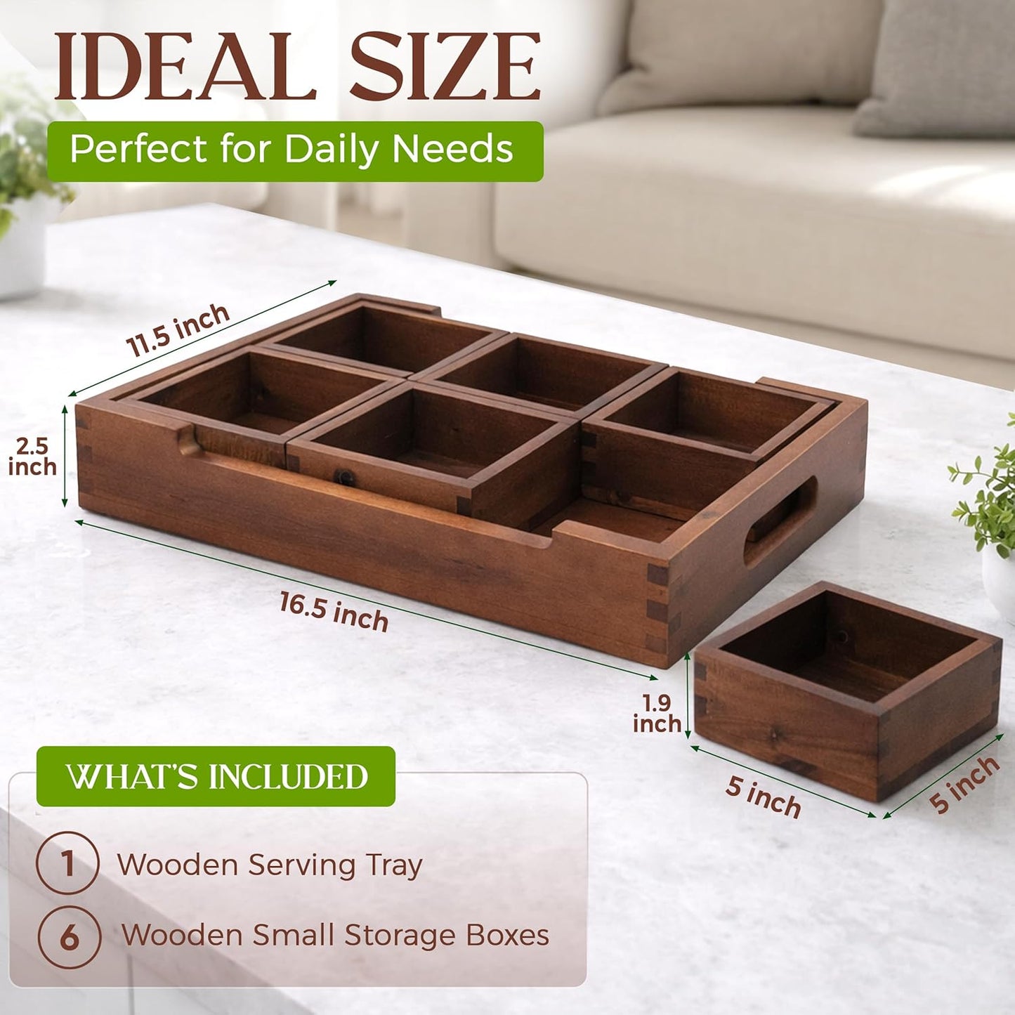Set7 Wood Serving Tray With Handles And Lid – Large Rectangular Breakfast & Ottoman Tray with Raised Edges, Serving Platter Snack Tray, Serving Tray with Food, Drinks, Appetizer Dishes & Dessert Trays