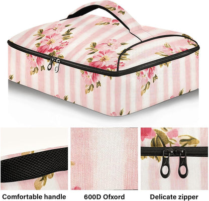 Casserole Carrier Insulated Floral Pink Flower Dish 9x13 with Lid Party Travel Warmer Bag for Hot or Cold Food Lasagna Pizza Holder Tote - Colors B