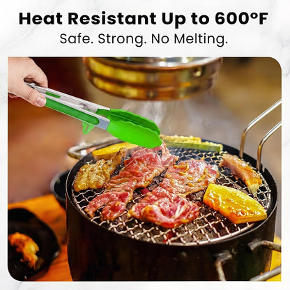 Kitchen Tongs Set of 2 (9” & 12”) – Stainless Steel & Silicone Cooking Tongs with Built-in Stand & Dishwasher Safe – Heat Resistant up to 600°F – Perfect for Grilling, BBQ, Salad & Frying