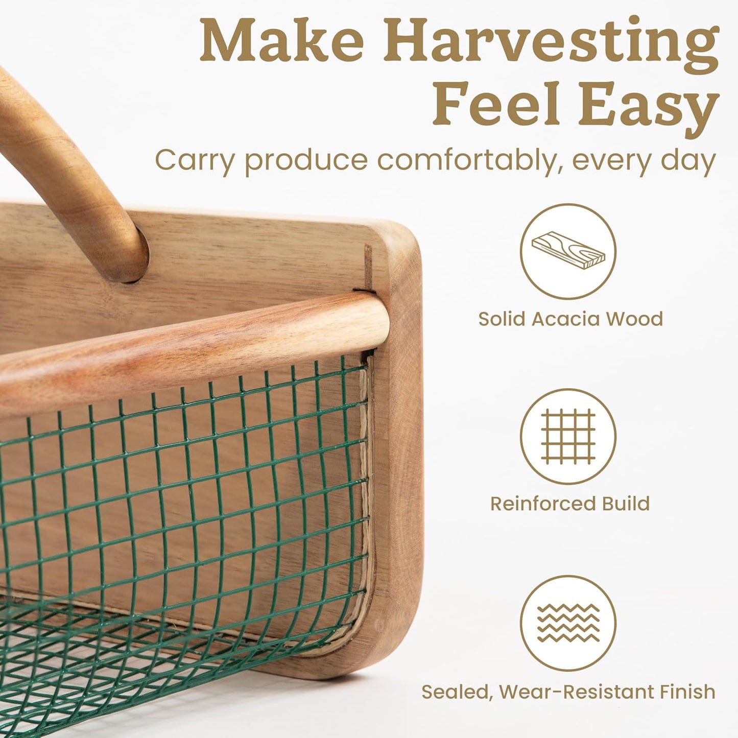 HOMESTEAD Garden Hod Harvest, Durable Acacia Wood Frame with Rotating Handle Basket, Farmhouse Basket for Home Improvement, Gardening, Farm, Kitchen, Indoor Outdoor Use, Natural Color