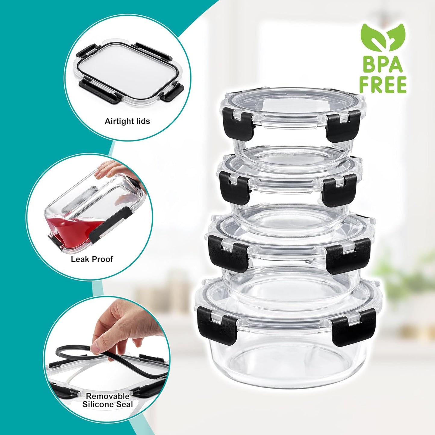 Sorbus 16pc (8 Rectangular 35oz Food Storage Containers and 8 Airtight Lids) – 4.4 Cup Glass Meal Prep Containers, Dishwasher, Freezer, and Oven Safe – Reusable Glass Food Containers for Meal Prep