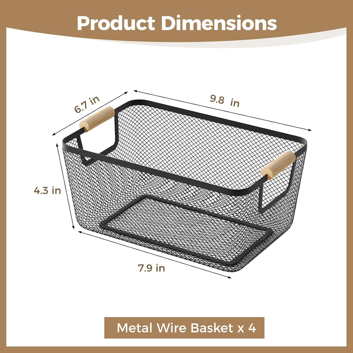 4pcs Metal Mesh Basket with Wooden Handles,Metal Mesh Wire Storage Baskets Dual Handle Wire Basket, Iron Bamboo Construction, Ideal for Kitchen Home Office Organization