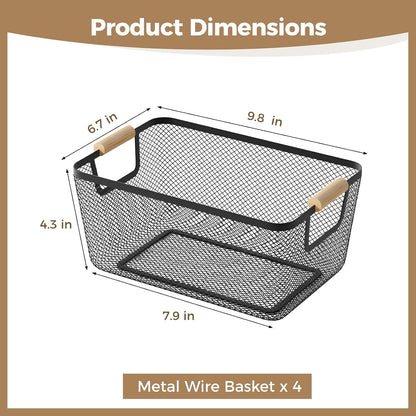 4pcs Metal Mesh Basket with Wooden Handles,Metal Mesh Wire Storage Baskets Dual Handle Wire Basket, Iron Bamboo Construction, Ideal for Kitchen Home Office Organization