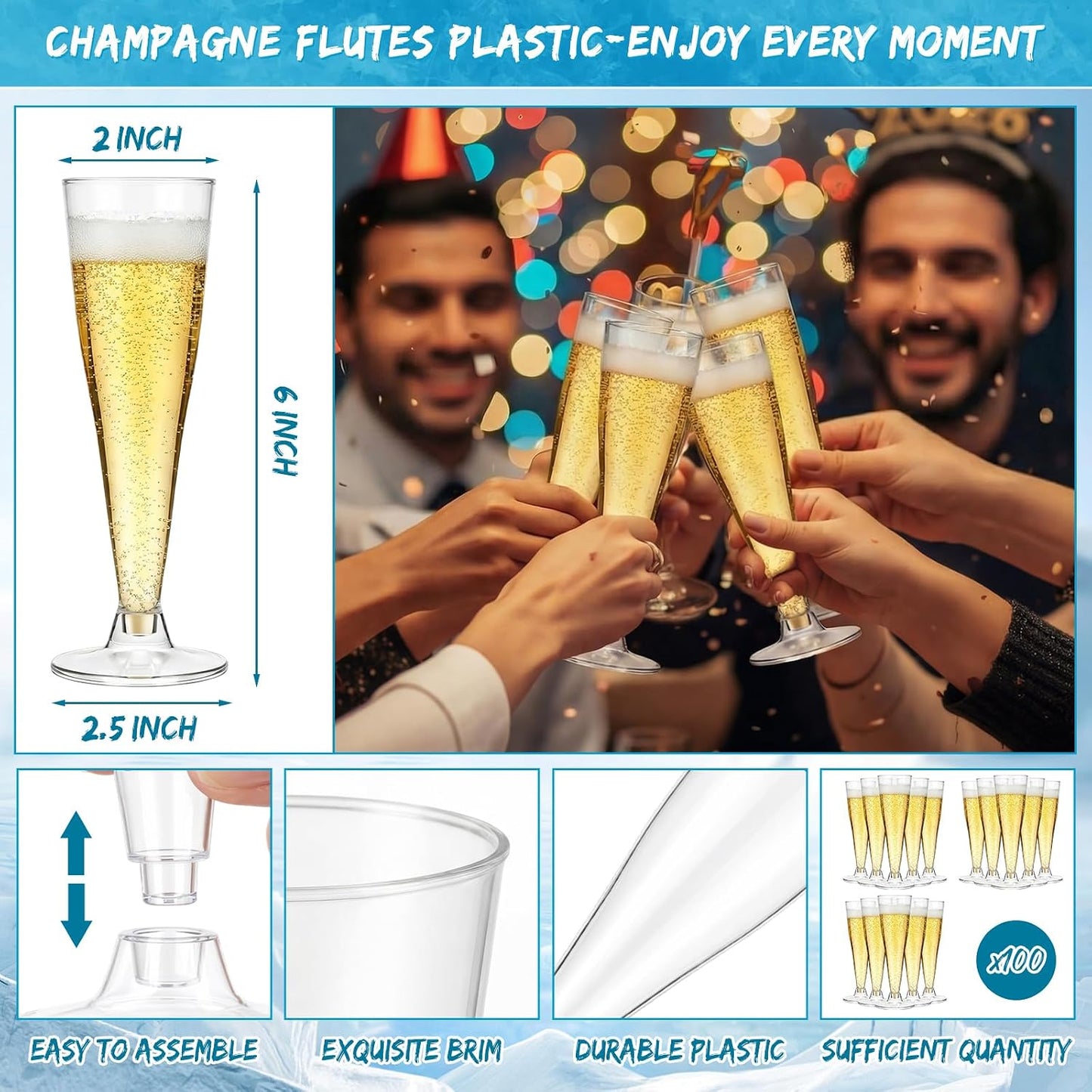 meekoo 104 Pcs Ice Buckets for Parties Set, 2 Pack 5.5l Clear Beverage Tub, 100 Pack 4.5oz Plastic Champagne Flutes, 2 Ice Scoops, Mimosa Bar Drink Supplies for Beer Wine Champagne Juice(Clear)