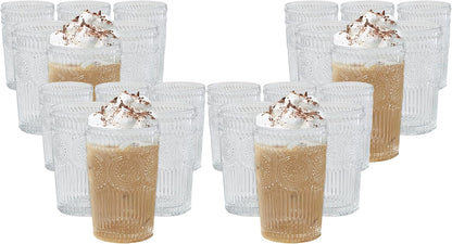 Kate Aspen Vintage Textured Aqua Blue Striped Drinking Glasses Set of 6-13 oz Ribbed Glassware with Flower Design | Cocktail Set, Juice Glass, Water Tumbler