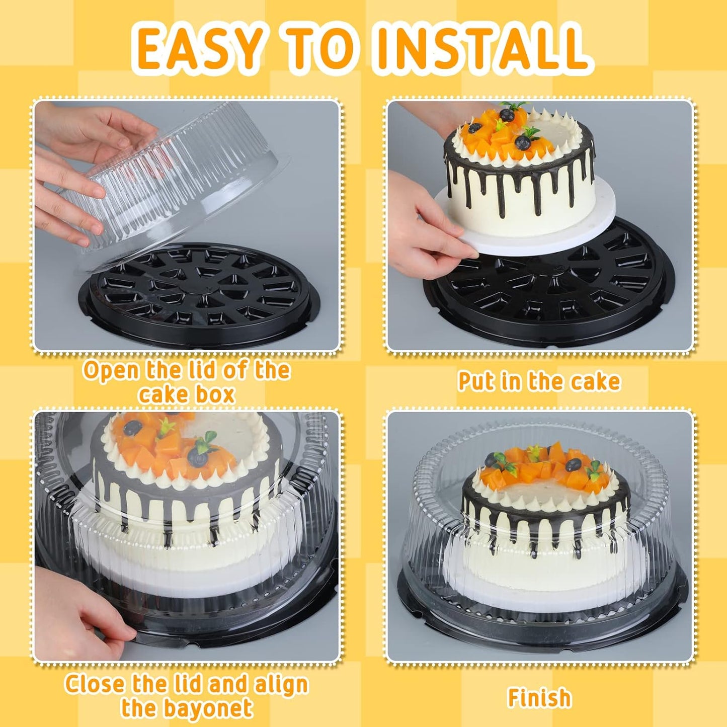 Thenshop 30 Pcs 11 Inch Plastic Disposable Round Cake Containers with Dome Lids and Black Cakes Boards Clear Cakes Boxes for Food Transport Mother's Day Wedding Birthday Party