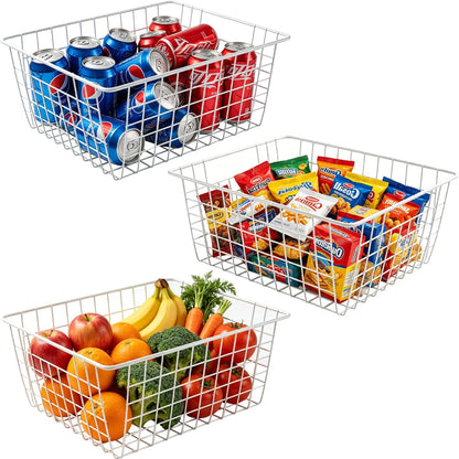 White Wire Storage Baskets,11.1"x8.7"x4.7"Wire Freezer Storage Organizer Bins Farmhouse Metal Freezer Basket with Handles for Cabinets, Pantry, Closets, Bedrooms,White,4 Pack