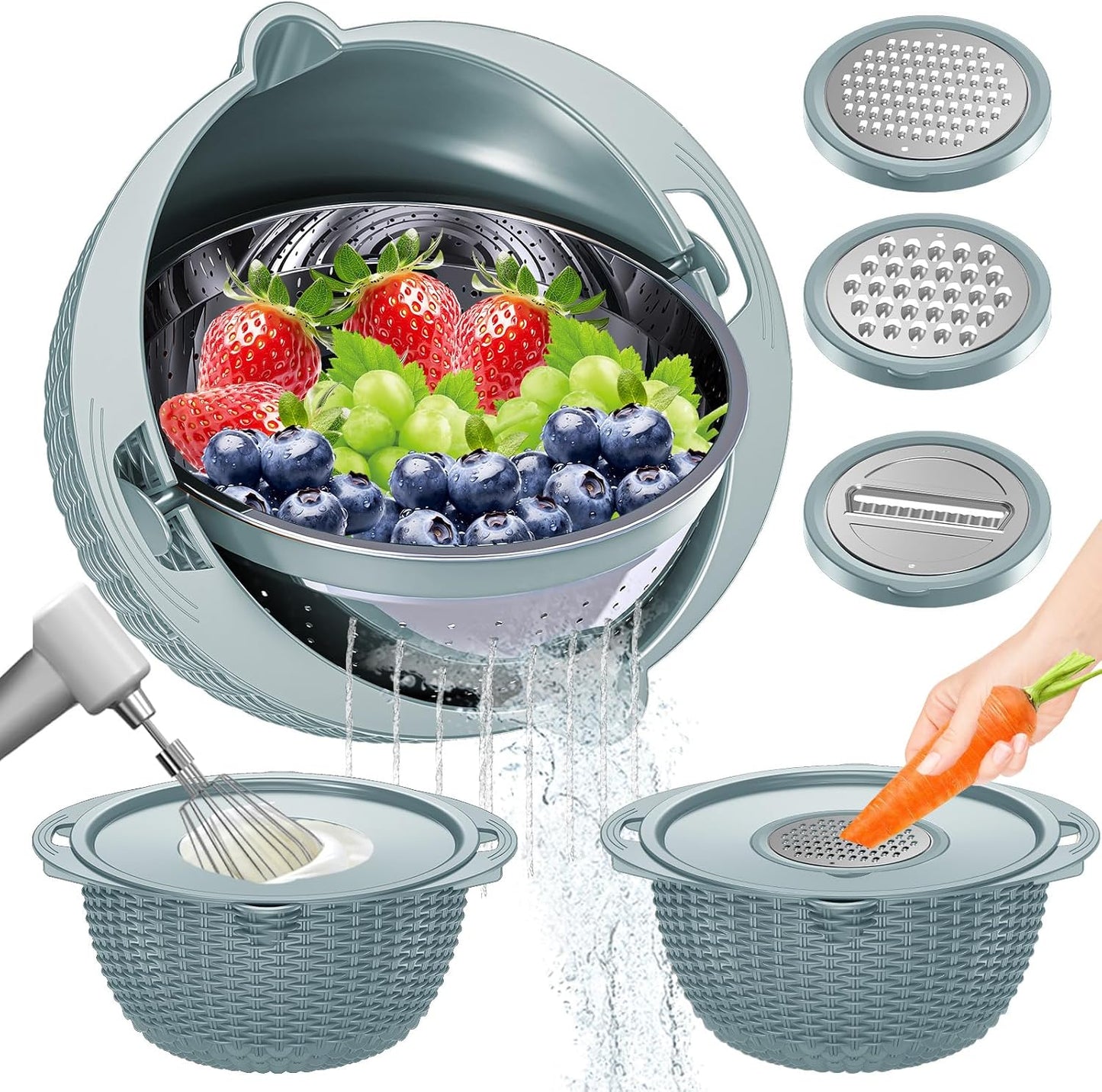 4-in-1 Colander with Bowl Set — Patented 360° Rotatable Strainer Bowl with 3 Graters, Snap-On Lid & Non-Slip Base, Funny Kitchen Present for Women, Aesthetic Pasta Fruit Vegetable Strainer (Beige)