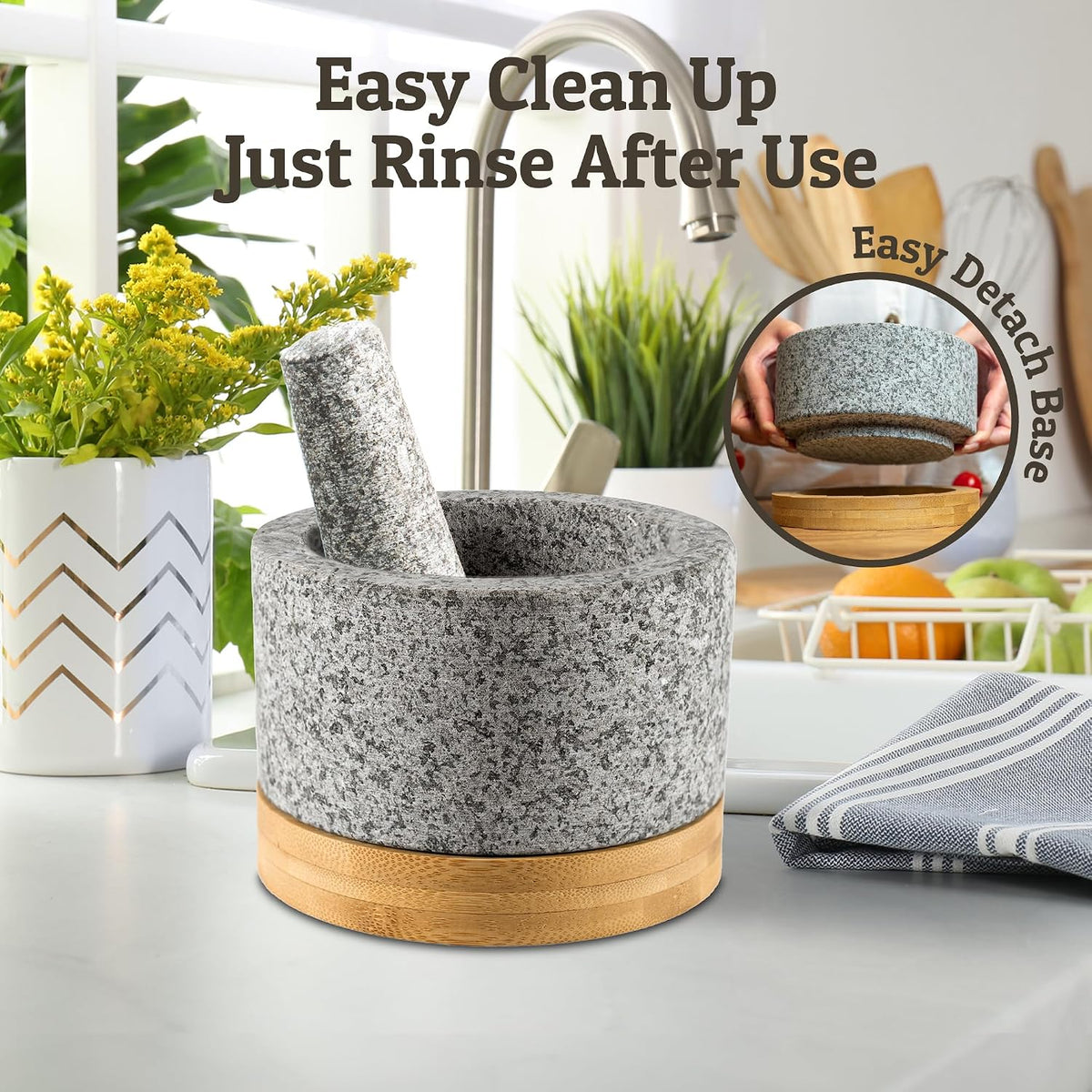PriorityChef Heavy Duty Mortar and Pestle Set with Bamboo Base, 100% Natural Granite Stone Grinder, Guacamole Bowl and Masher, 1.5 Cups, Black