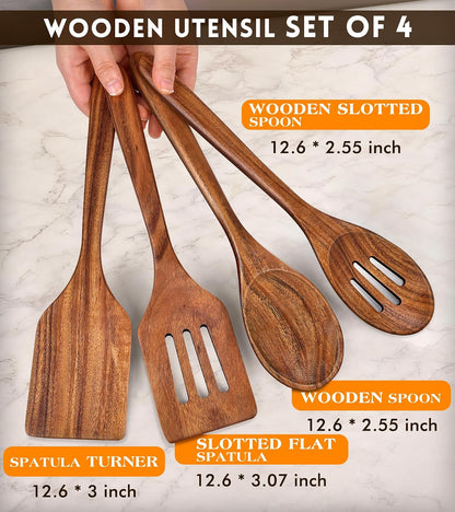 Wooden Spatula, Acacia Solid & Slotted Turner Spatula Set, Long Handle Flat Frying Spatulas, Ideal Kitchen Gift for Mother and Grandma, Kitchen Utensils Set for Cooking, Frying, Baking