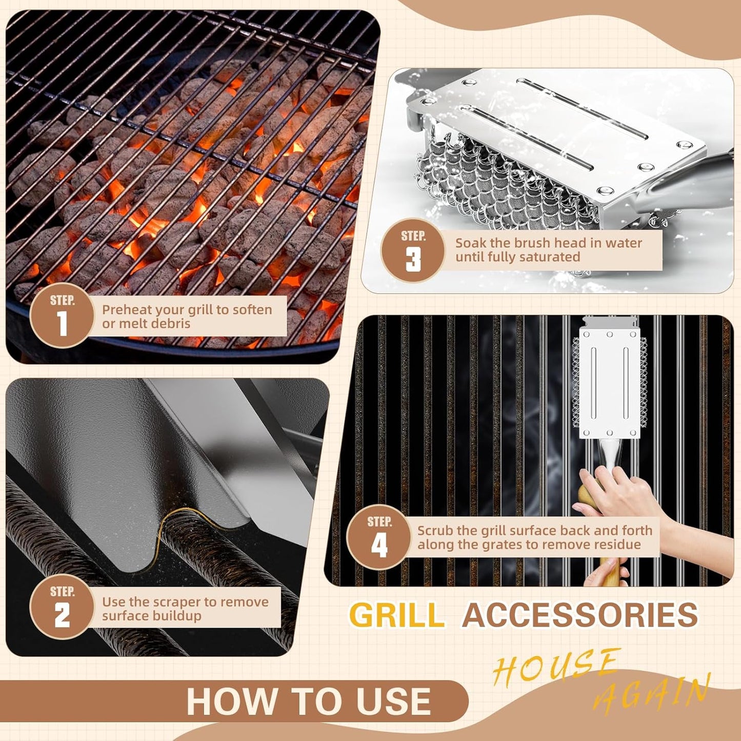 HOUSE AGAIN Grill Brush Bristle Free, 304 Stainless Steel Food-Grade Brush Head with Scraper, Safe BBQ Outdoor Grill Cleaning Brush Strong Barbecue Brush Cleaner Non Wire for Grill Grate/Wooden Handle