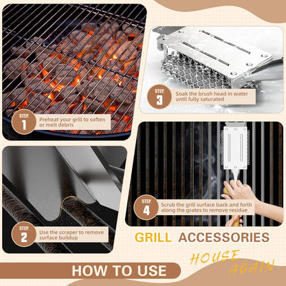 HOUSE AGAIN Grill Brush Bristle Free, 304 Stainless Steel Food-Grade Brush Head with Scraper, Safe BBQ Outdoor Grill Cleaning Brush Strong Barbecue Brush Cleaner Non Wire for Grill Grate/Wooden Handle