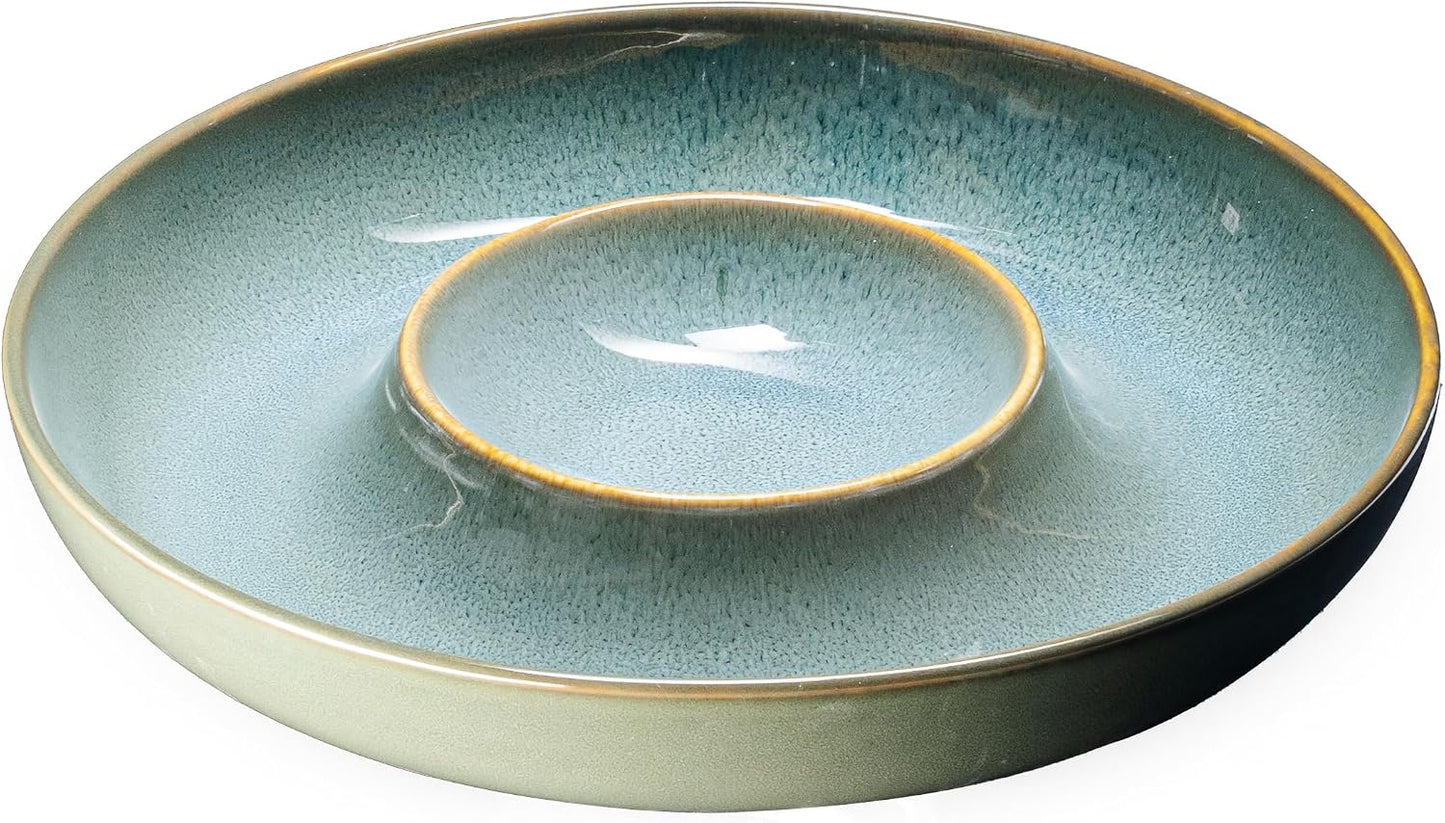 Ceramic Chips and Dip Serving Tray - Large Divided Party Bowl Set for Salsa, Veggies, Fruit & Snacks - Modern Minimalist Appetizer Platter with Unique Kiln-Change Glaze (Verdigris Green)
