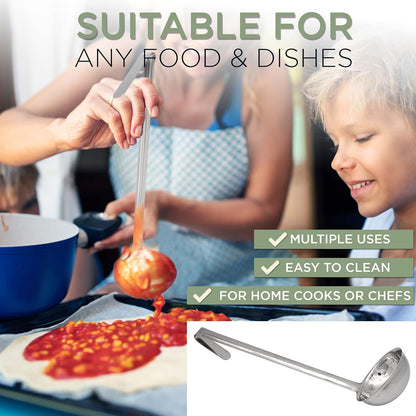 Fit Meal Prep [2 Pack] 2 oz Stainless Steel Soup Ladle, One-Piece Sauce Spatula with Hook Handles, Commercial Grade Serving Spoon, Kitchen Tool for Restaurant or Home Cooking, Mirror Finish, 12" Long