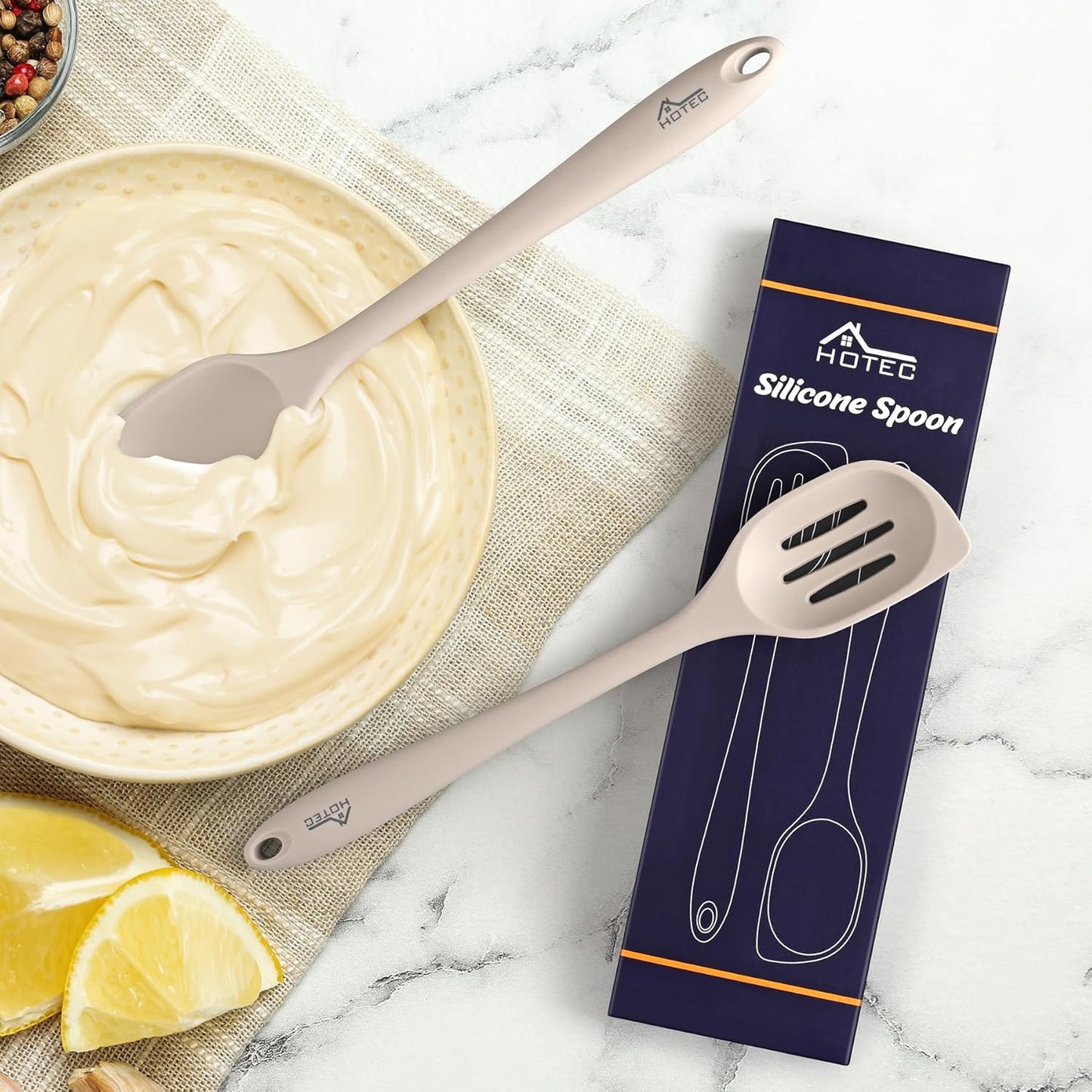 HOTEC 446°F Heat Resistant Silicone Cooking Spoon Spatula, BPA Free Large Kitchen Solid and Slotted Spoons for Mixing, Serving, Scraping, Non-stick, Dishwasher Safe Classic Blue 12.5inch