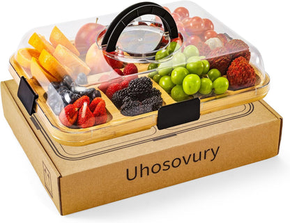 Charcuterie Board with Clear Lid, Portable 6-Compartment Cheese & Snack Tray, Reversible Bamboo Cutting Board, Secure Latch Closure for Picnics, Parties & Light Travel, Housewarming Gift