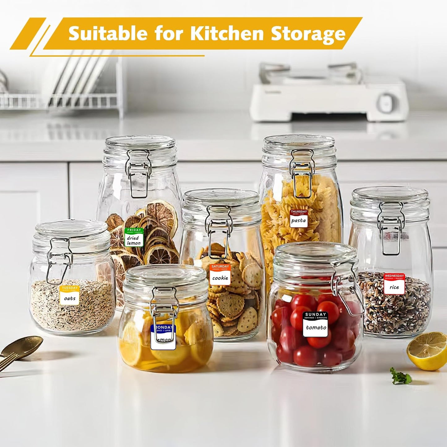1680 Pcs 1" Square Day of The Week Labels, Removable & Writable Food Stickers in English/Español/Français for Restaurant Kitchen Containers and Inventory Management (Inches, 1 x 1)