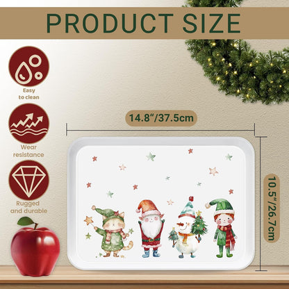 4-Piece 15 x 11 Inch Christmas Serving Tray Set, Reusable Melamine Platters with Cute Elf Cartoons, Holiday Party Trays for Snacks, Fruit, Desserts, and Candy, Rectangular Design