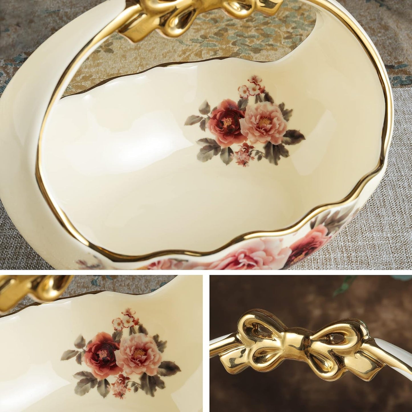 fanquare 3 Compartment Platter, Gold Porcelain Appetizer Serving Tray, Floral Ceramic Divided Serving Plate for Fruit, Candy, Nuts