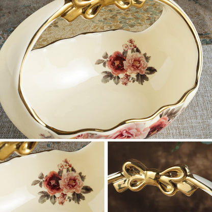 fanquare 3 Compartment Platter, Gold Porcelain Appetizer Serving Tray, Floral Ceramic Divided Serving Plate for Fruit, Candy, Nuts