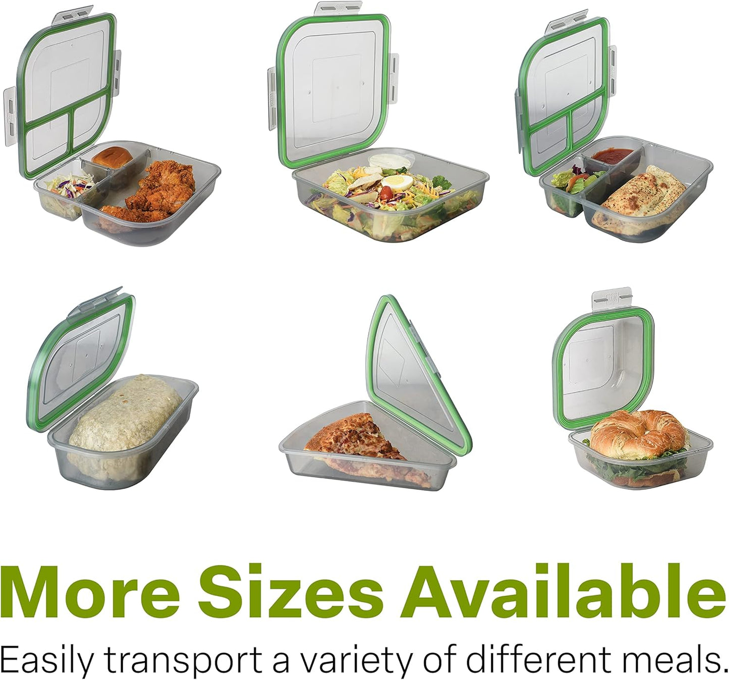 MyGo Container Large To-Go 3-Compartment Food Containers, Pack Of 3, 9-3/8" X 9-3/8" X 2-1/2", Reusable, Microwave Safe, NSF Certified, Smoke/Green
