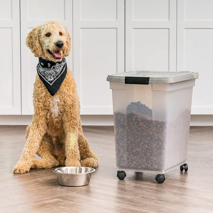 IRIS USA Airtight Dog Food Storage Container, WeatherPro, Up to 25 lbs, Removable Wheels, for Dog Cat Bird and Other Pet Food Storage Bin, Keep Fresh, Translucent Body, Made in USA, Clear/Black